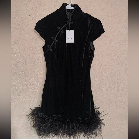 SAU LEE | NWT! Women's Morgan Feather-trimmed Minidress In Black - Picture 4 of 8